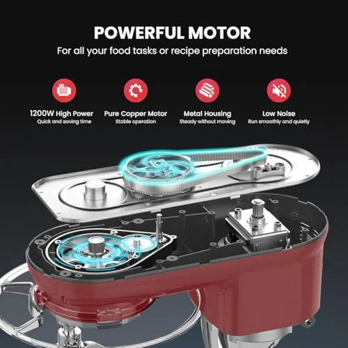 Taurus Stand Mixer 1200W with Copper Motor|5.3L SS Bowl |Metal Gear for Stability|8 Speed Setting Includes Whisking Cone, Mixing Beater,Dough Hook & Splash Guard|Dough Atta Maker Machine (Mixing Chef) - image 5