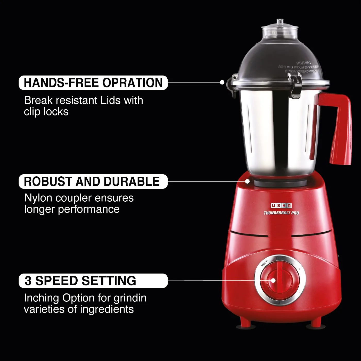 USHA Thunderbolt Pro 1000W with 3 Jars, 100% Copper Ball-Bearing Motor, Handsfree operation, 3 Jars, 3-Speed Setting with Inching option, 5 Years Warranty on Motor (Red) - image 5