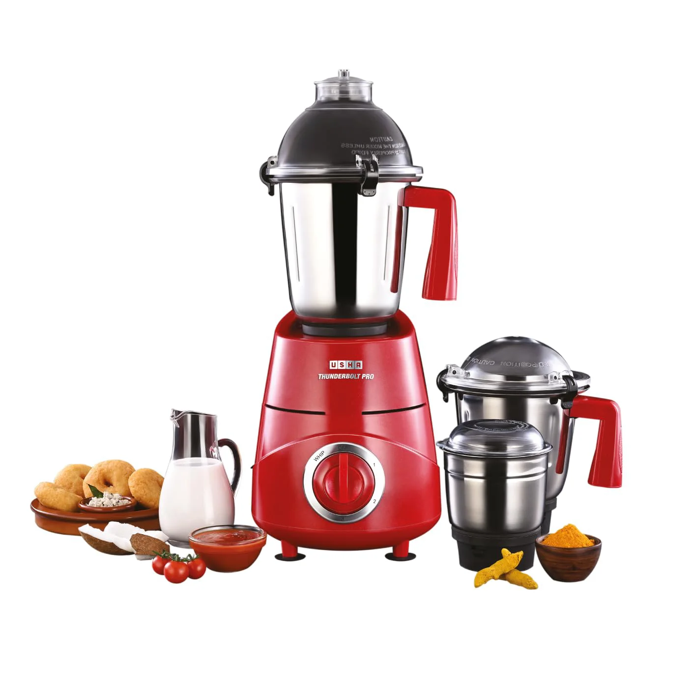 USHA Thunderbolt Pro 1000W with 3 Jars, 100% Copper Ball-Bearing Motor, Handsfree operation, 3 Jars, 3-Speed Setting with Inching option, 5 Years Warranty on Motor (Red) - image 1