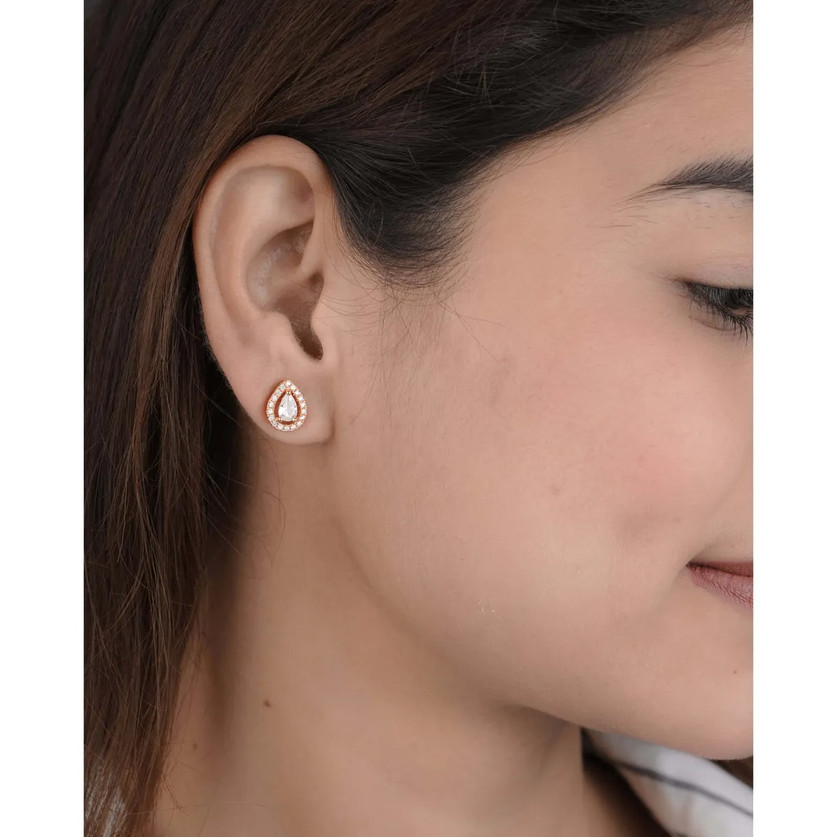 Buy 1 Get 1 Free -American Diamond high rose gold Plated Leaves Earrings tops.