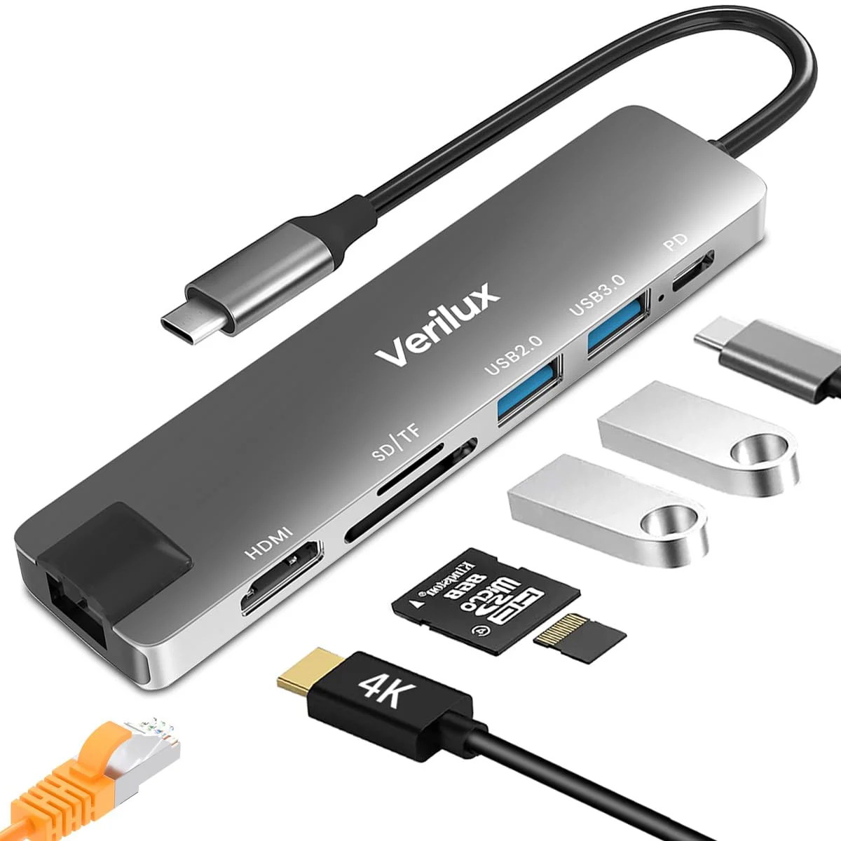 Verilux® USB C Hub with Ethernet RJ45 7 in 1 Multi USB Port for Laptop with USB Hub 3.0 and 2.0, PD 87W Charging Port, USB Type C Hub with 4K HDMI Converter SD/TF Card Reader for MacBook Air Pro M1 M2 - image 2