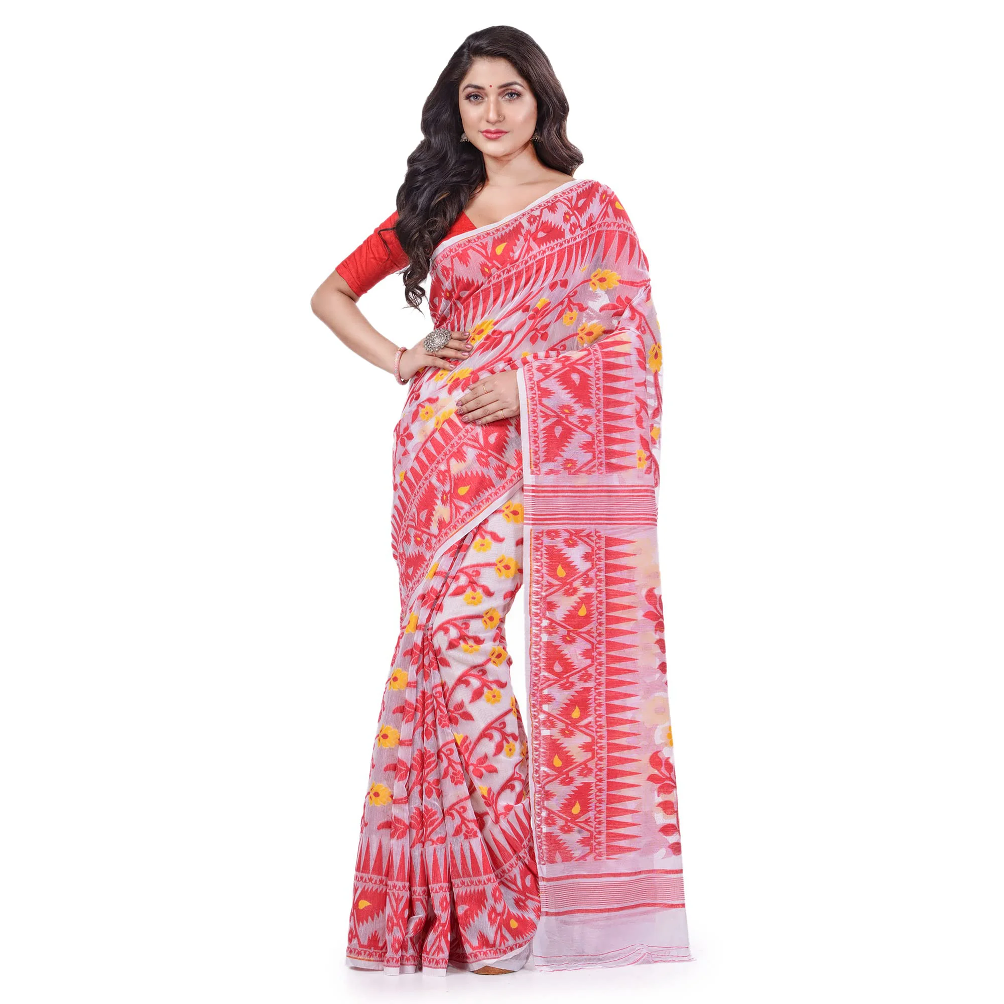Db Desh Bidesh Women's Jamdani Cotton Saree Without Blouse Piece (Db250722Jamdanisk_Red)