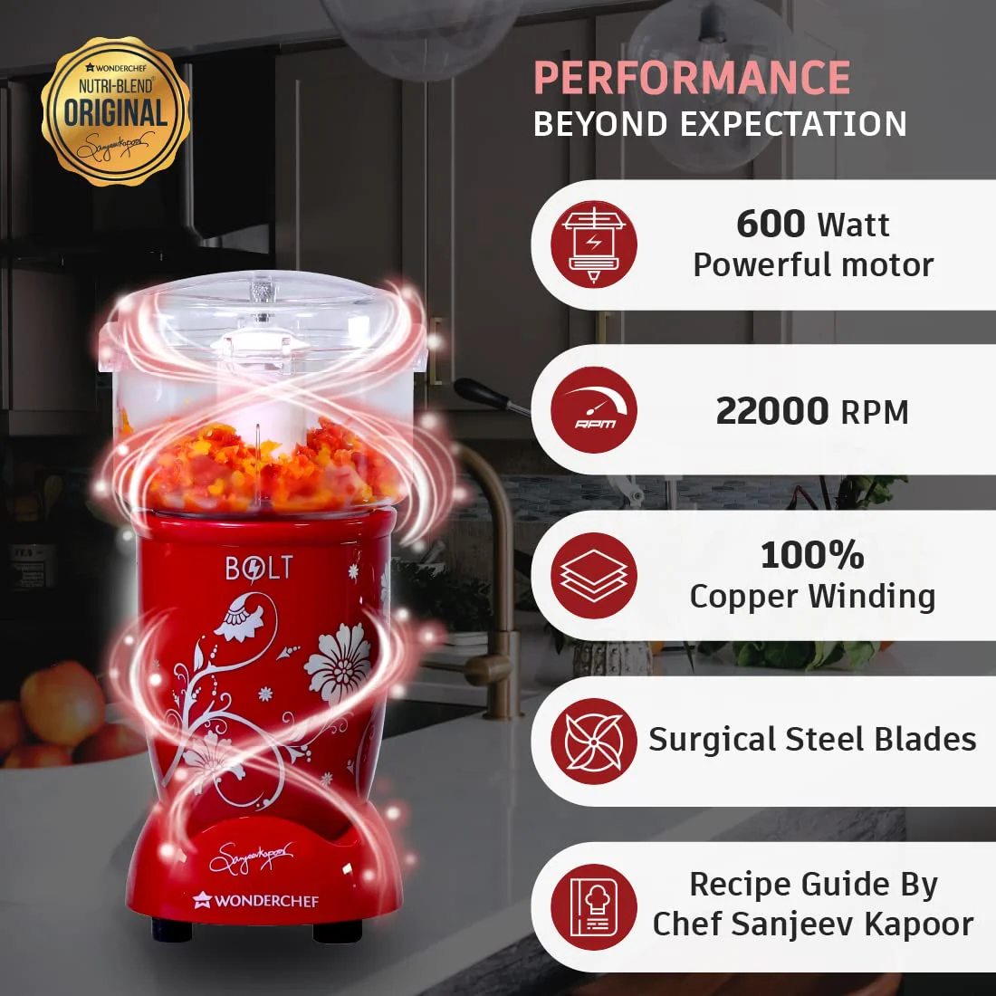 Wonderchef Nutri-blend BOLT CKM|600W Powerful 100% Full Copper Motor|22000 RPM, Blender & Chopper|SS Blades|4 unbreakable jars with Sipper lid|2 Years warranty|Recipe book by Chef Sanjeev Kapoor|Red - image 3
