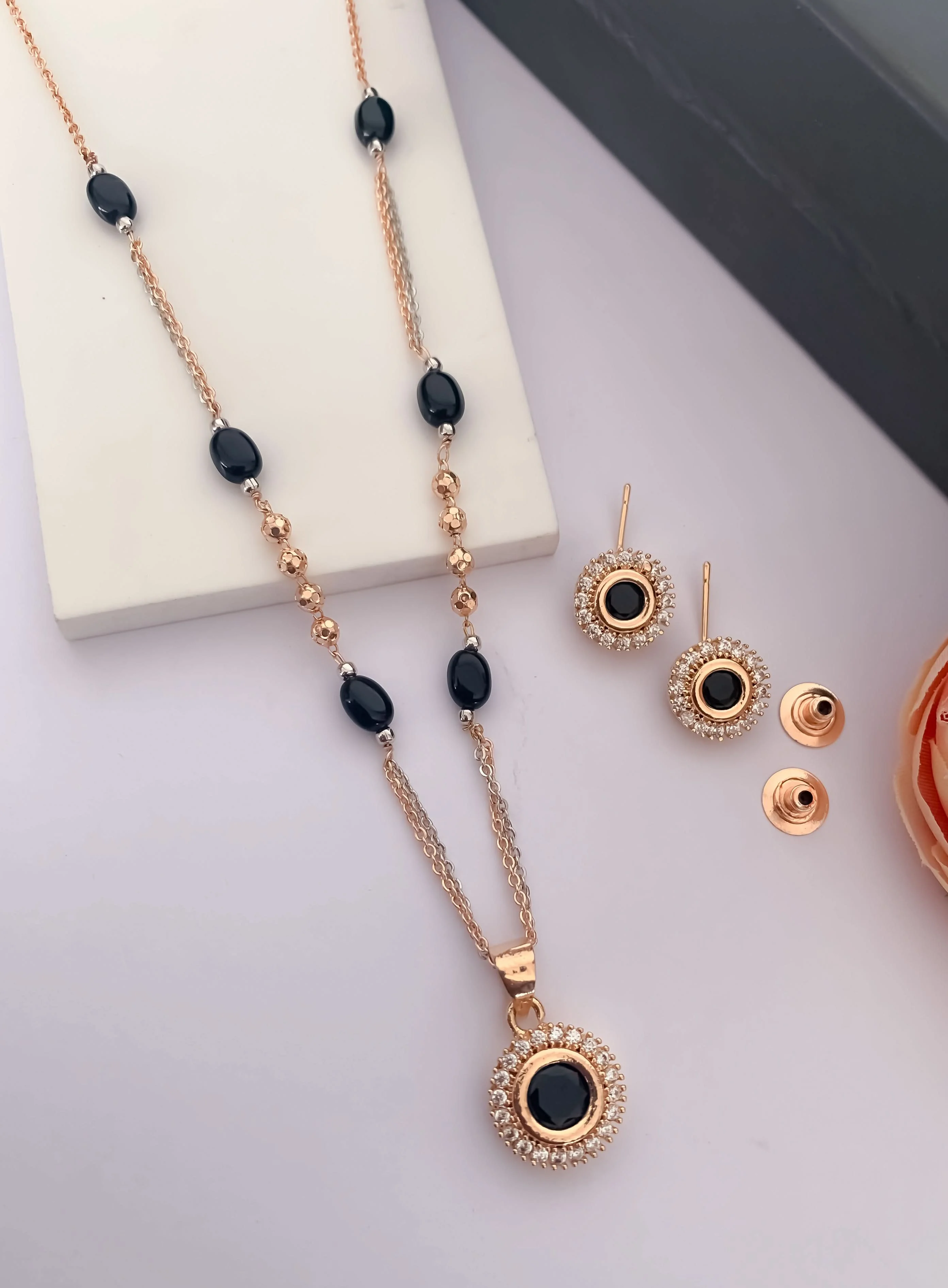 Rose Gold Finish Oval Stone Pendant Necklace Set with Stud Earrings