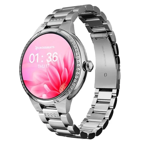 CrossBeats Diva 1.28” Stylish Smart Watch for Women with Stone Studded Bezel| Amoled Display | Female Health Tracker | 100+Sports Modes| Premium Metal Smartwatch with Wireless Charging - (Silver)