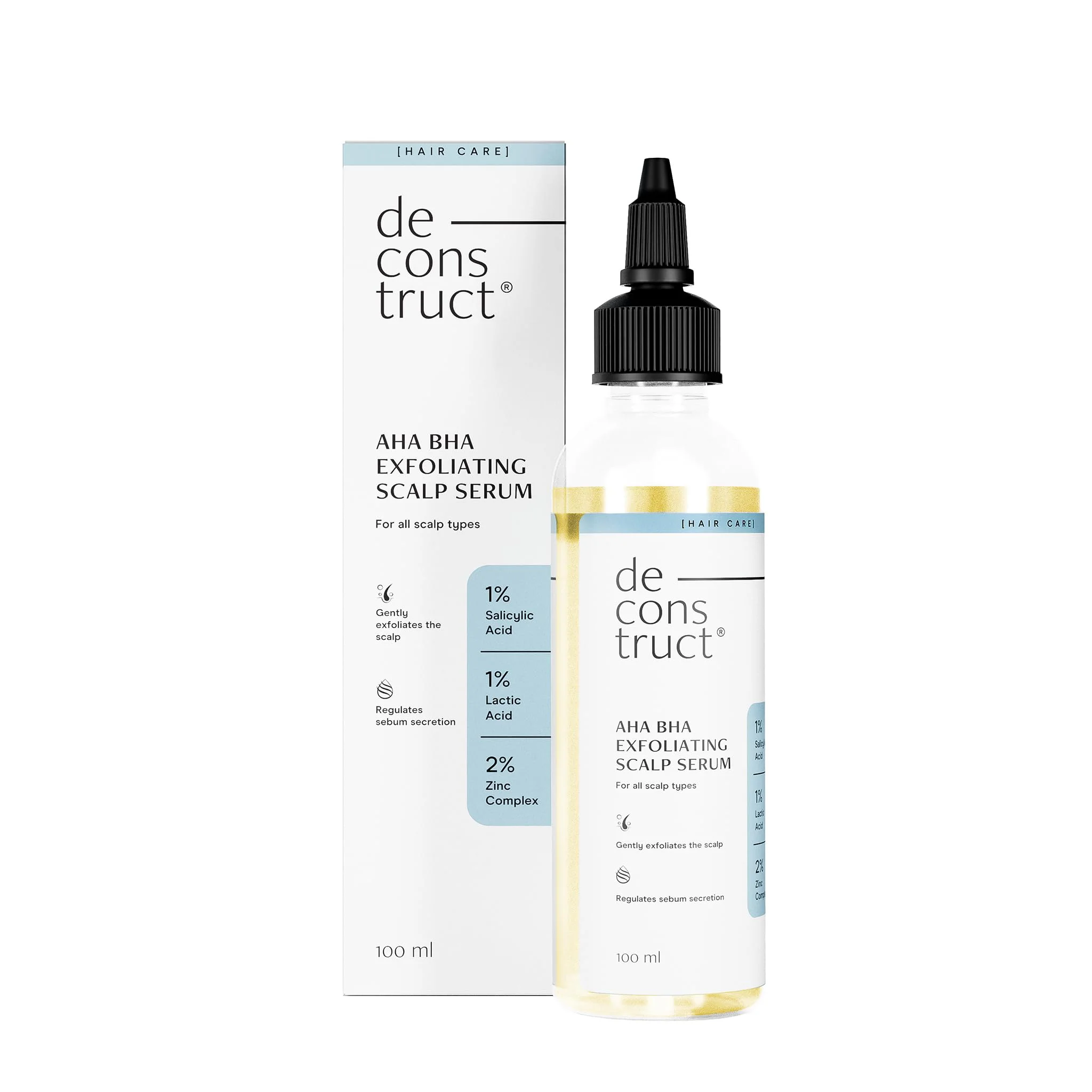 Deconstruct Aha Bha Exfoliating Scalp Hair Serum | Contains 1% Salicylic Acid + 1% Lactic Acid + 2% Zinc Complex | Water-Based Serum | For Greasy Scalp |Fights Scalp Acne | 100Ml