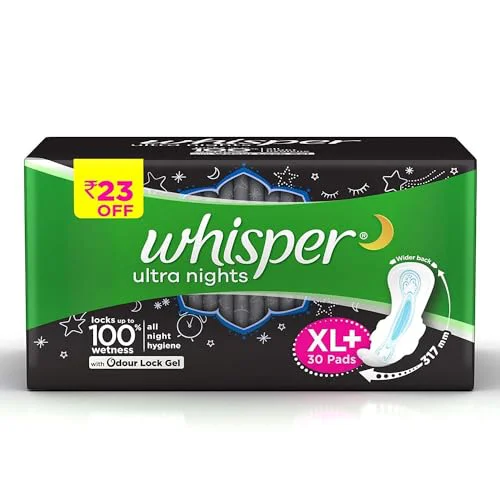 Whisper Bindazzz Night Sanitary Pads|Pack of 30 thin Pads|XL+|upto 0% Leaks|40% Longer & Wider back|Dry top sheet|Long lasting coverage|Faster absorption|31.7 cm Long|With disposable wrap