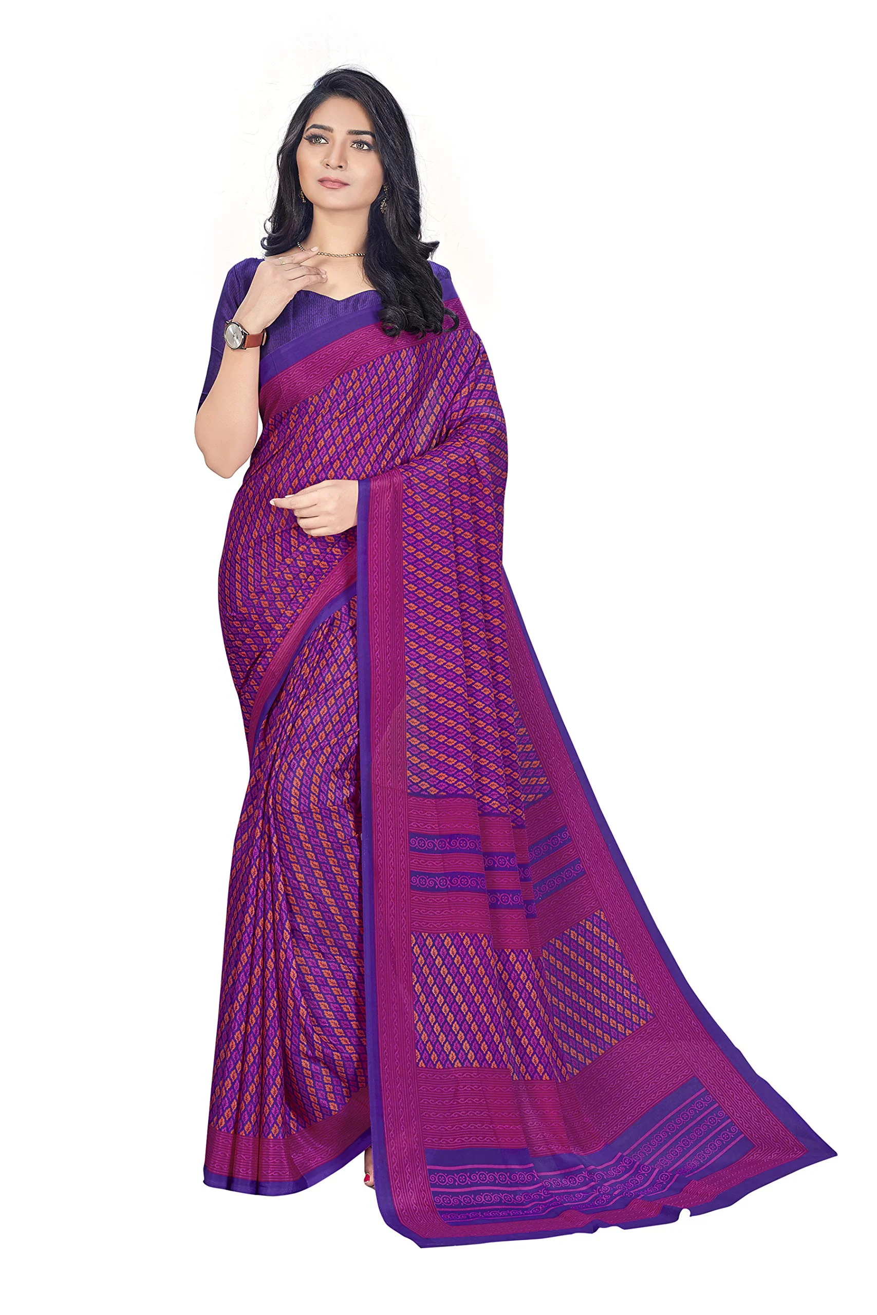 Vimla Women's Multi Crepe Silk Uniform Saree with Blouse (Multi; 1311_AC_Free Size) With FREE Henna Hair Color (Black)