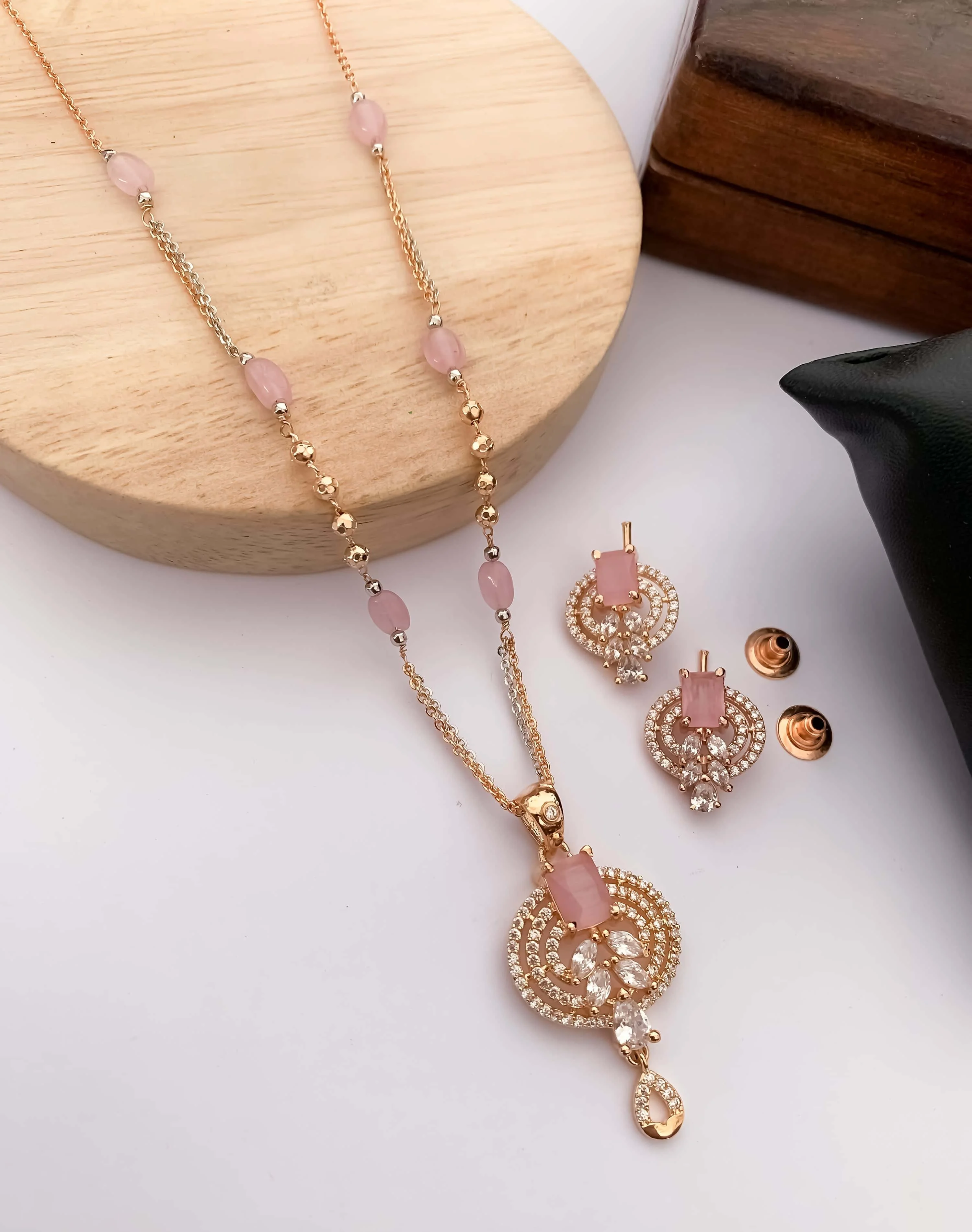 Rose Gold Finish Multi Stone Swirl Pendant Necklace Set