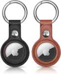 AMiRiTE ADS35 Premium Faux Leather Key Ring Holder Case Cover Compatible with Apple Airtag [ Only Key Holder Cover, Airtag Not Included ] (Black/Brown)