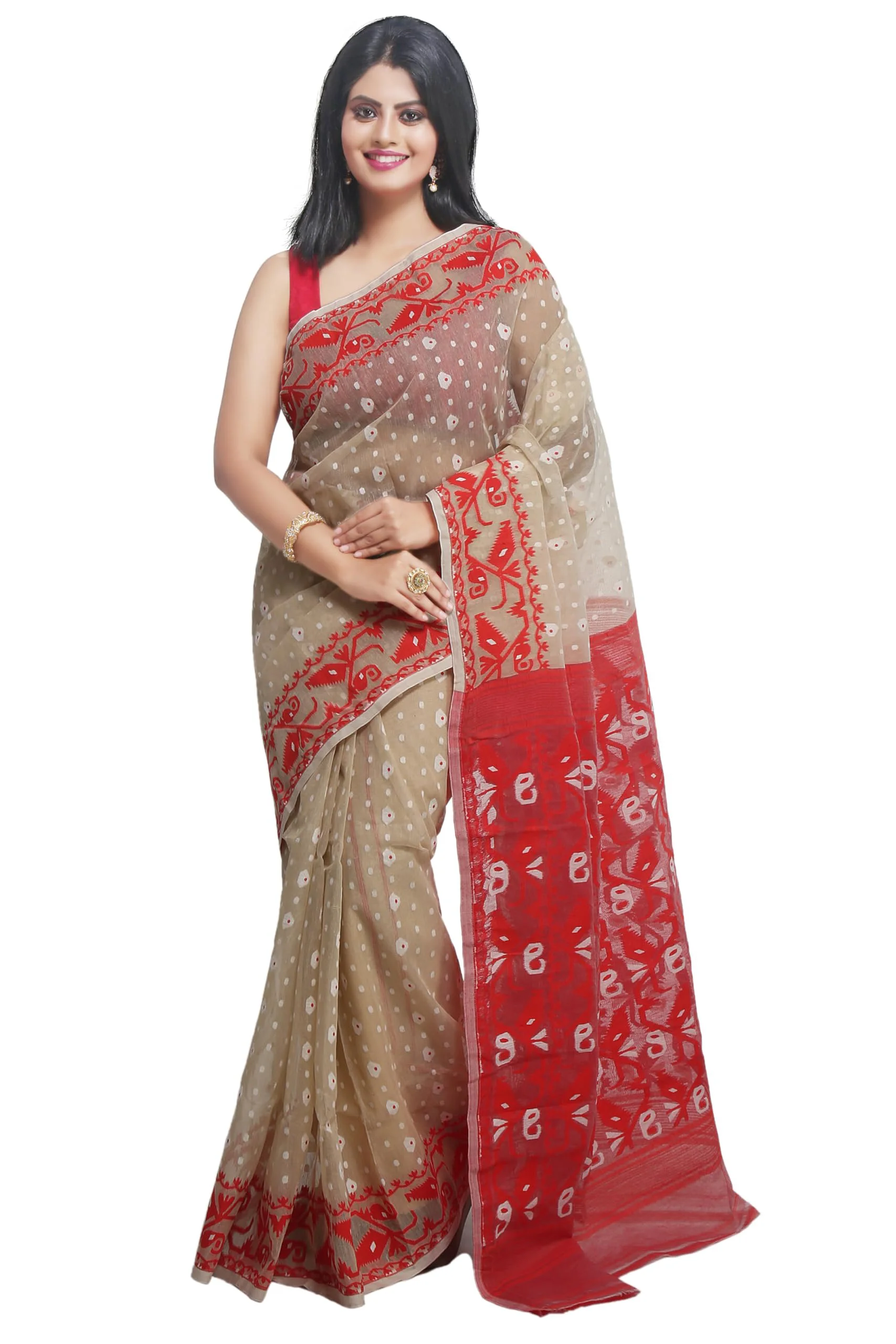 WoodenTant Women's Bengal Made Soft Dhakai Jamdani Saree Without Blouse Piece. (Beige & Red, Cotton) - image 2