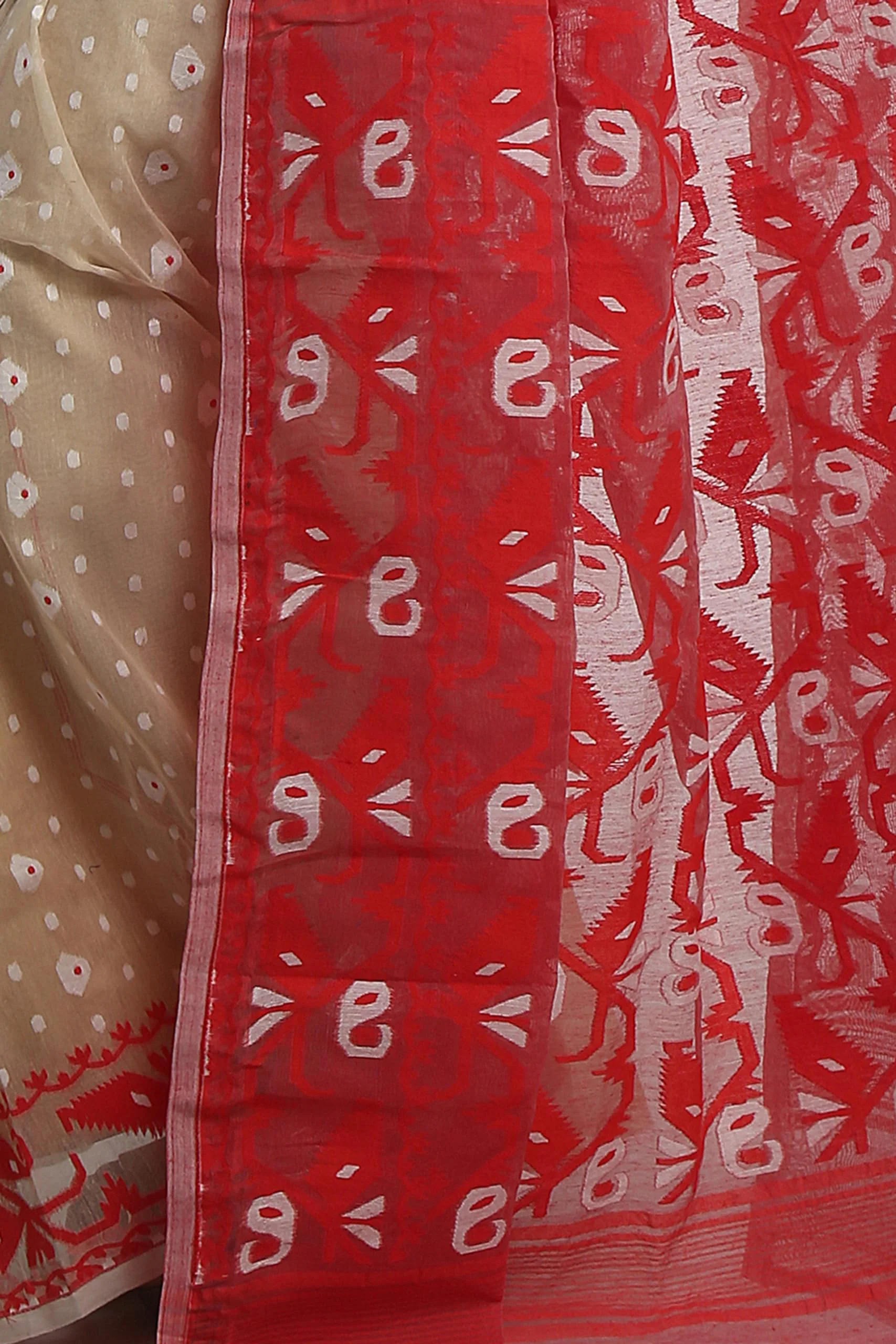 WoodenTant Women's Bengal Made Soft Dhakai Jamdani Saree Without Blouse Piece. (Beige & Red, Cotton) - image 5