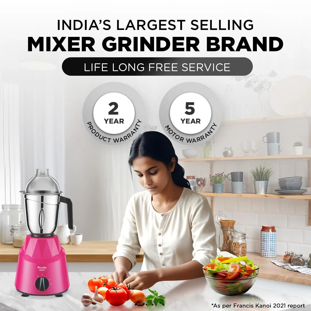Preethi Galaxy Mixer Grinder for Kitchen| Vega W5 750 Watt Mixie, 3 Jars (Bigger jar Size) | 5yr Motor Warranty & Lifelong Free Service |Pink (MG225), Plastic - image 3