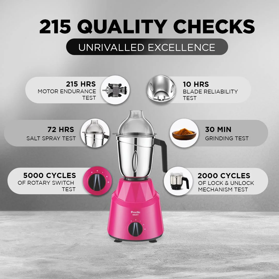 Preethi Galaxy Mixer Grinder for Kitchen| Vega W5 750 Watt Mixie, 3 Jars (Bigger jar Size) | 5yr Motor Warranty & Lifelong Free Service |Pink (MG225), Plastic - image 4