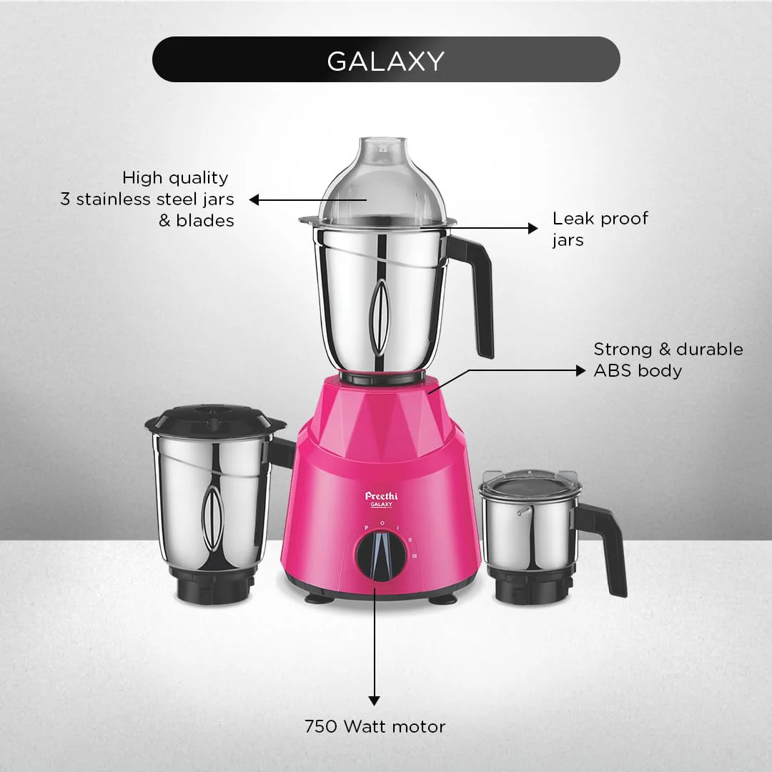 Preethi Galaxy Mixer Grinder for Kitchen| Vega W5 750 Watt Mixie, 3 Jars (Bigger jar Size) | 5yr Motor Warranty & Lifelong Free Service |Pink (MG225), Plastic - image 5