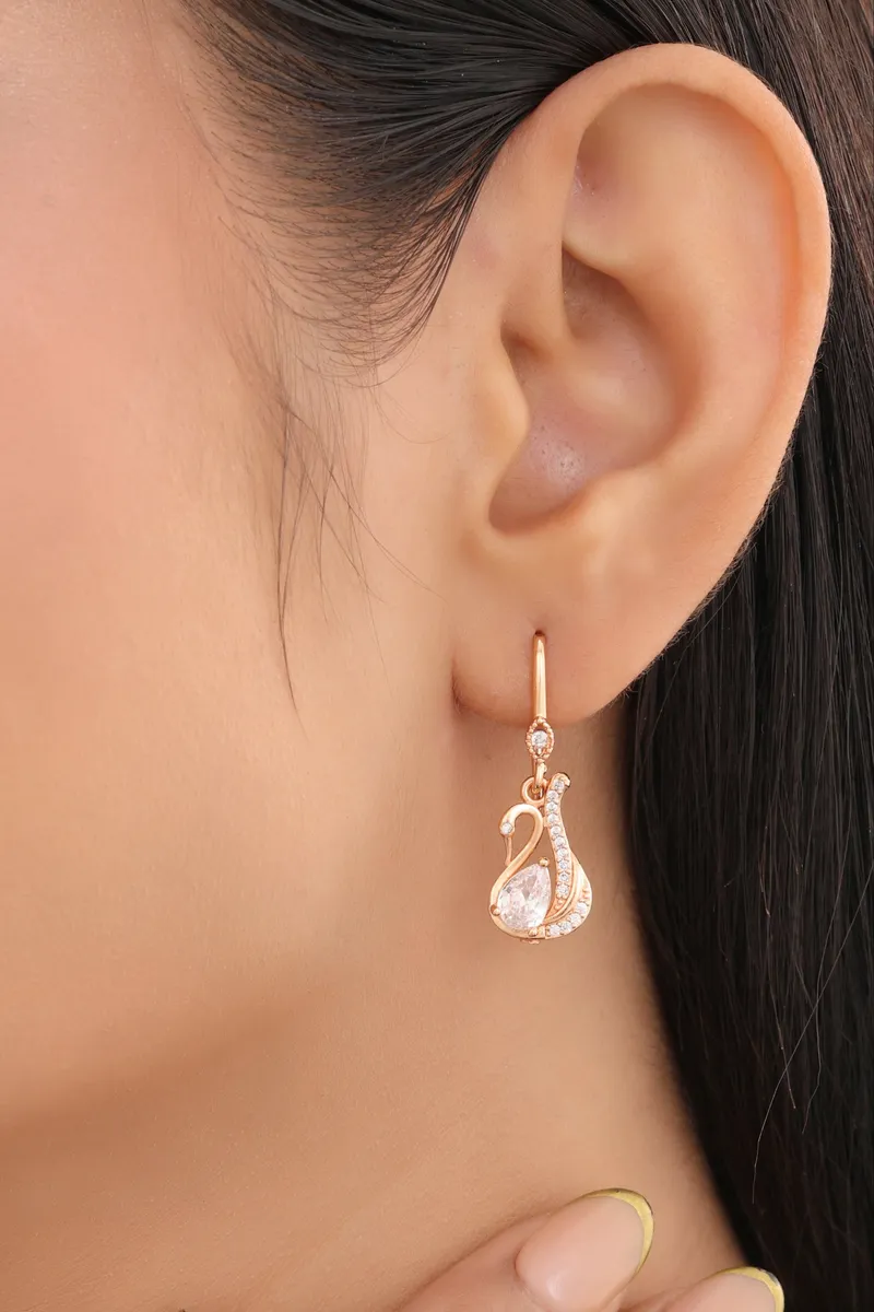 Buy 1 Get 1 Free -American Diamond Rose Gold Swan Shape Hanging Fancy Earrings