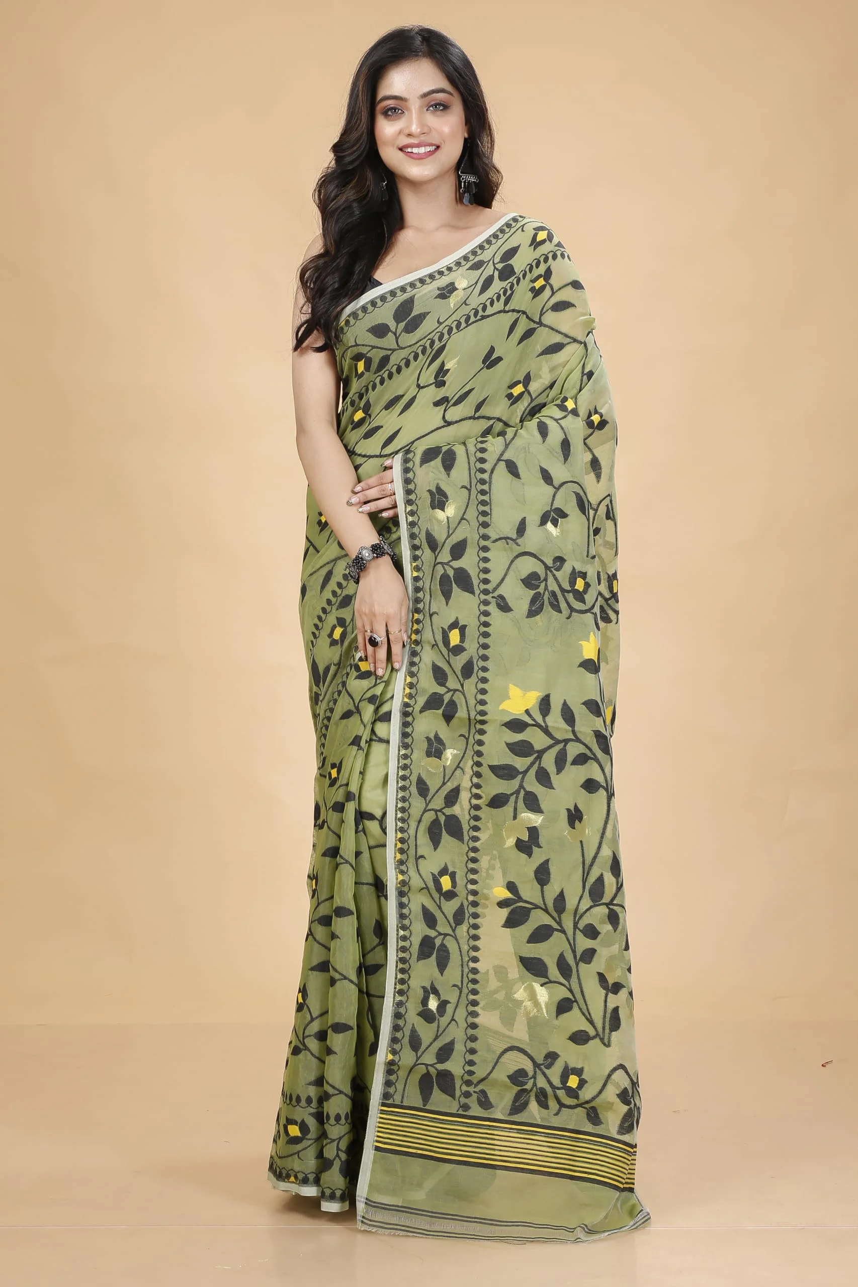 Tant Vastra Women’s Soft Resham Dhakai Lata Jamdani Saree without Starch And Without Blouse Piece (Light Pista) - image 3