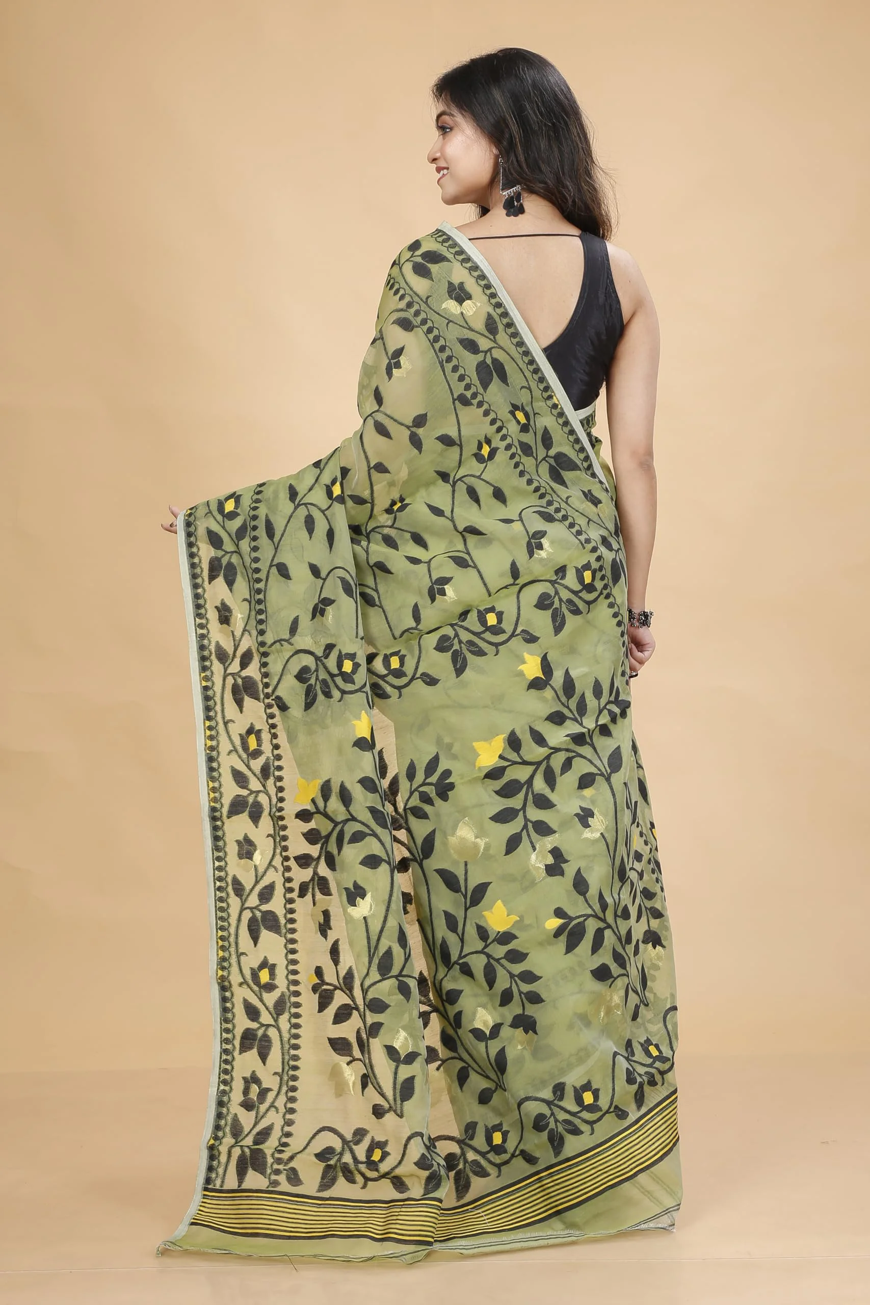 Tant Vastra Women’s Soft Resham Dhakai Lata Jamdani Saree without Starch And Without Blouse Piece (Light Pista) - image 4
