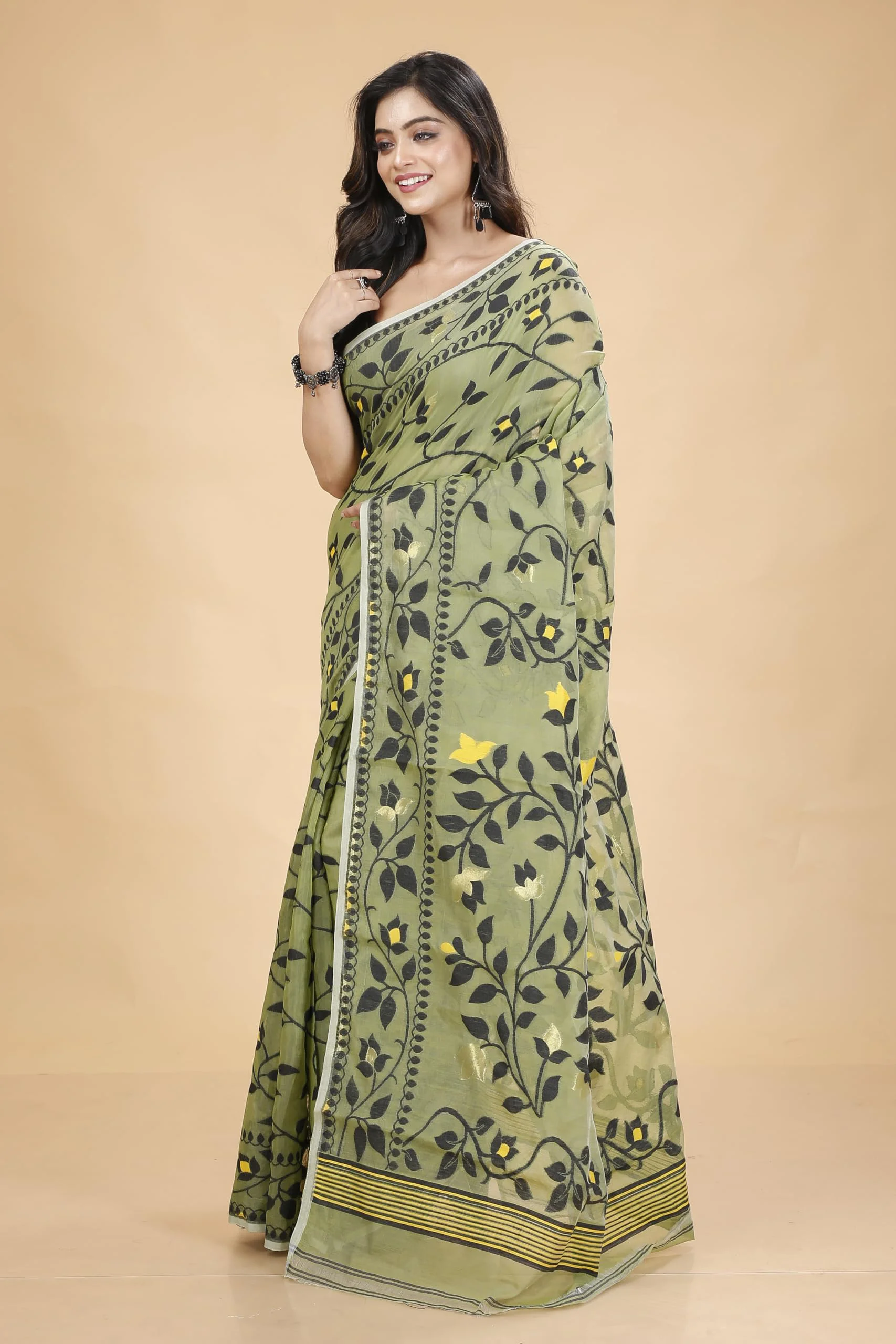 Tant Vastra Women’s Soft Resham Dhakai Lata Jamdani Saree without Starch And Without Blouse Piece (Light Pista) - image 5