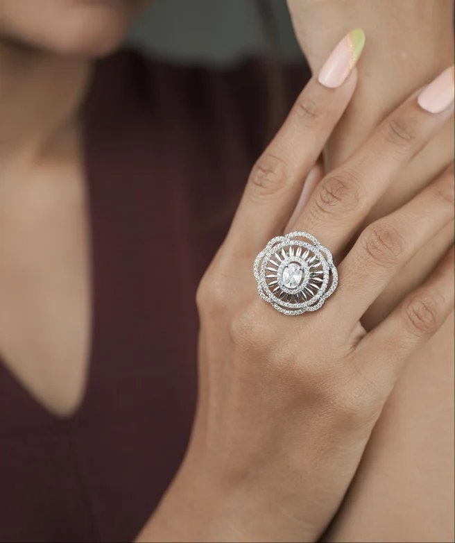 American Diamond Silver Plated Fancy Adjustable Ring