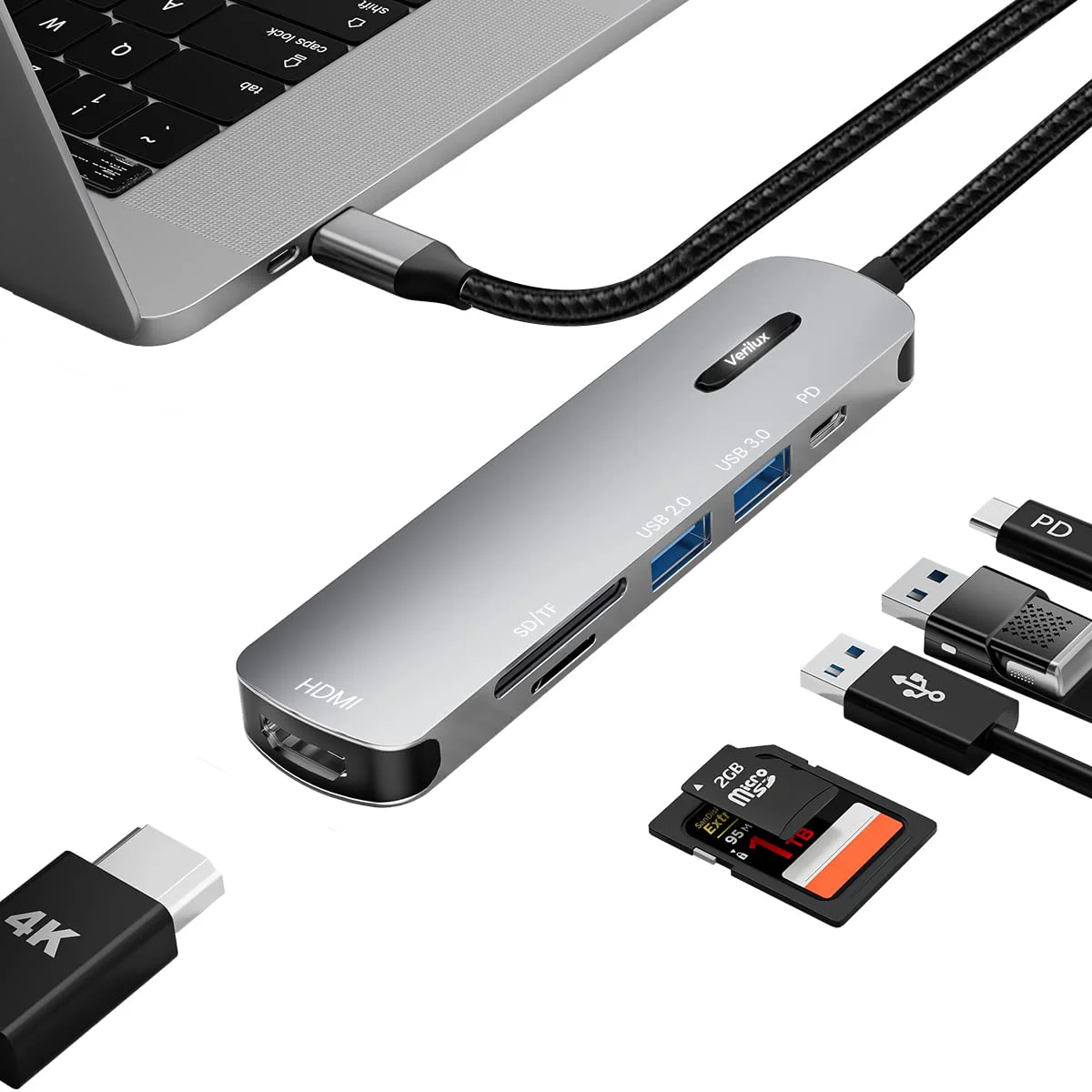 Verilux® USB C HUB 6 in 1 USB C to HDMI Adapter 4K@30Hz, 3.0/2.0 USB Adapter Multiple Port, SD/TF Card Reader, PD 100W Charging Port USB Type C Hub for Laptop, MacBook Pro Air USB Hub Long Cable 20CM - image 2