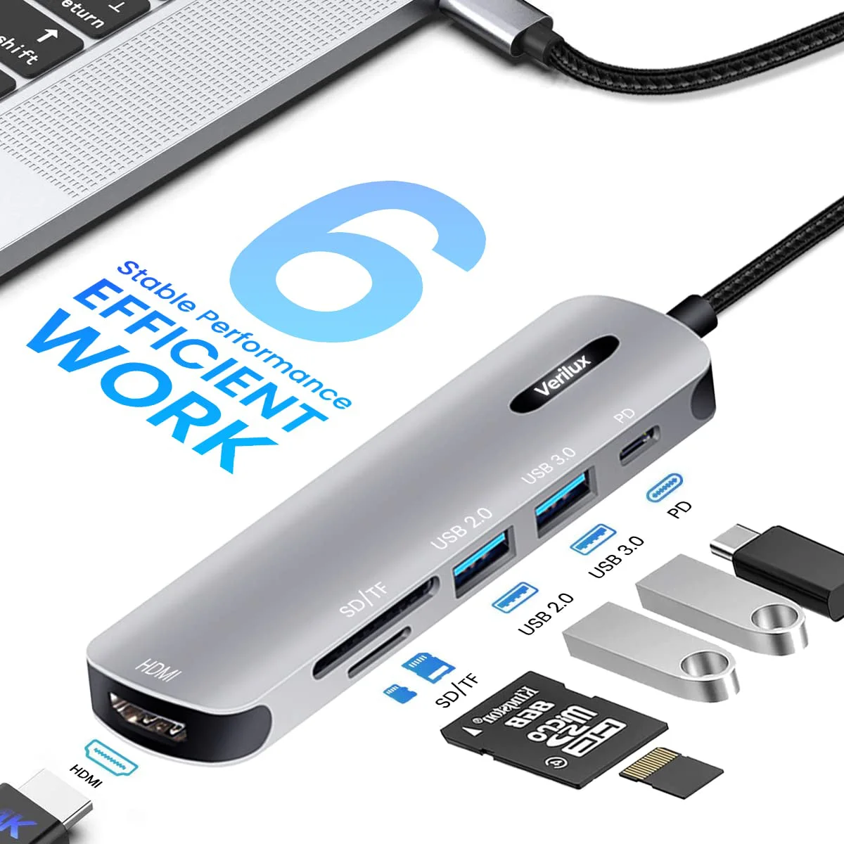 Verilux® USB C HUB 6 in 1 USB C to HDMI Adapter 4K@30Hz, 3.0/2.0 USB Adapter Multiple Port, SD/TF Card Reader, PD 100W Charging Port USB Type C Hub for Laptop, MacBook Pro Air USB Hub Long Cable 20CM - image 4
