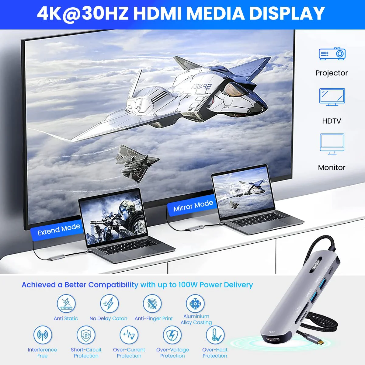 Verilux® USB C HUB 6 in 1 USB C to HDMI Adapter 4K@30Hz, 3.0/2.0 USB Adapter Multiple Port, SD/TF Card Reader, PD 100W Charging Port USB Type C Hub for Laptop, MacBook Pro Air USB Hub Long Cable 20CM - image 5