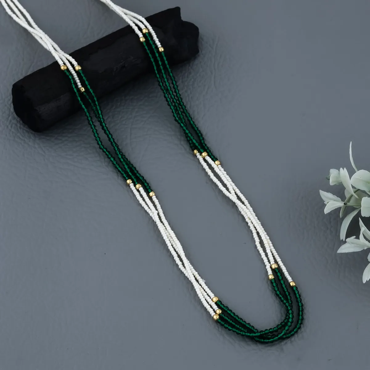 Crystal Green Color 3 Line Length 18 Inch Fancy Mala