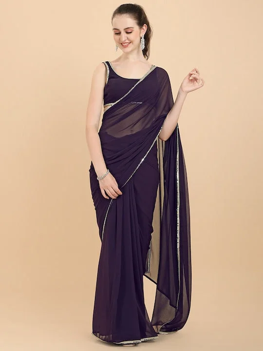 Women Wine Solid Georgette Saree with Blouse Piece - image 3