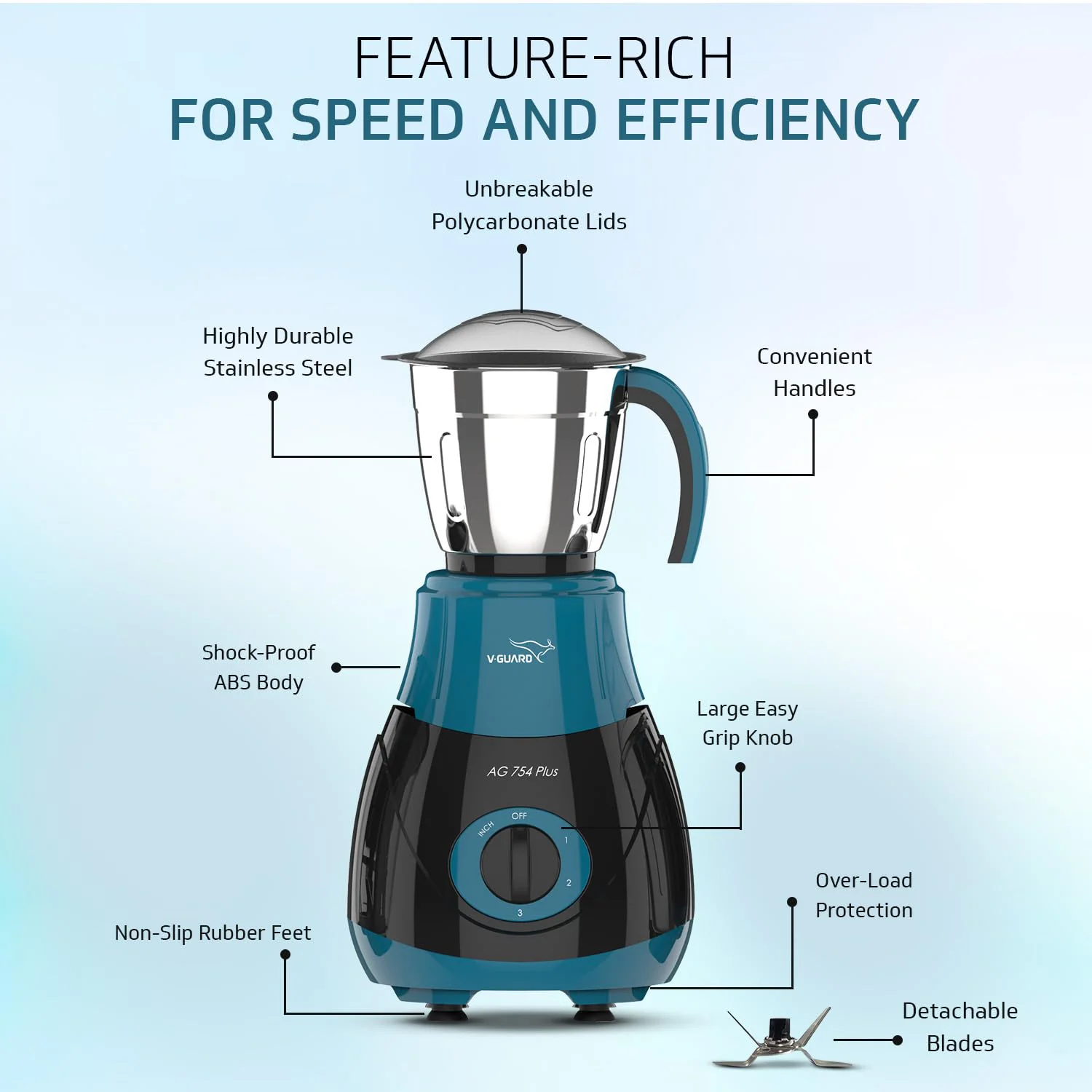 V-Guard AG 754 750 Watt Juicer Mixer Grinder, 3 Year Motor Warranty By V-Guard,4 Jars(Chutney, Dry, Wet & Juicer), Sturdy Juicer Jar with QuadraFlow Design, PrecisionBlend SS Blades, Blue-Black - image 4