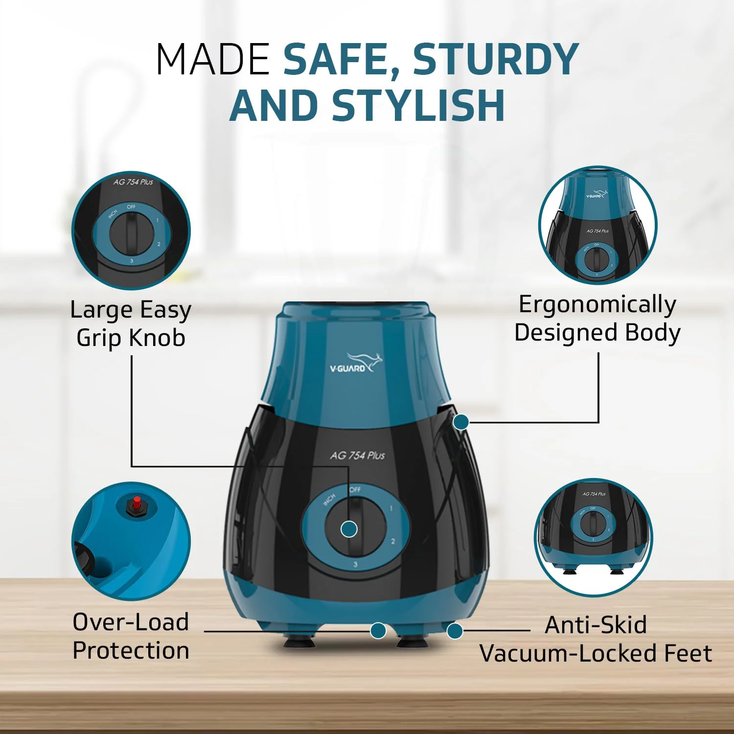 V-Guard AG 754 750 Watt Juicer Mixer Grinder, 3 Year Motor Warranty By V-Guard,4 Jars(Chutney, Dry, Wet & Juicer), Sturdy Juicer Jar with QuadraFlow Design, PrecisionBlend SS Blades, Blue-Black - image 5
