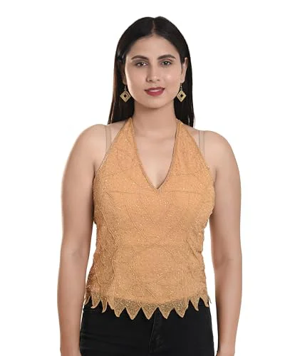 Women's Net Poncho Head Embroidered New Halter Neck Back Less Tops Blosue For Girls Tops For Sari (IN, Alpha, Free Size, Regular, Beige) - image 3