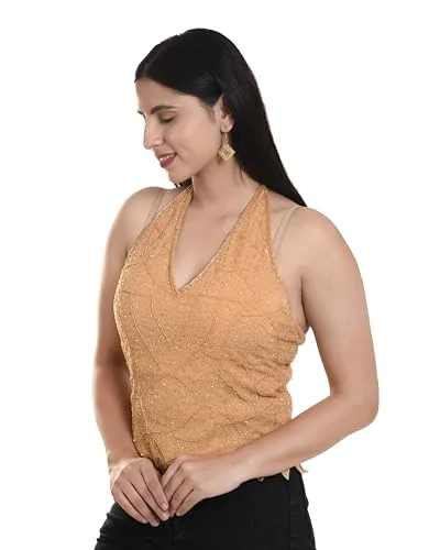 Women's Net Poncho Head Embroidered New Halter Neck Back Less Tops Blosue For Girls Tops For Sari (IN, Alpha, Free Size, Regular, Beige) - image 4