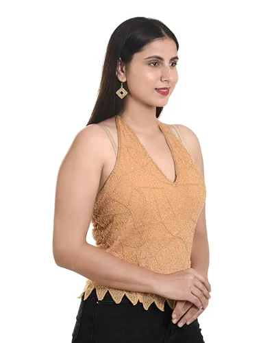 Women's Net Poncho Head Embroidered New Halter Neck Back Less Tops Blosue For Girls Tops For Sari (IN, Alpha, Free Size, Regular, Beige) - image 5
