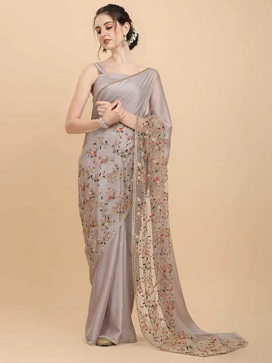 Women Ivory Floral Embroidered Silk Blend Saree with Blouse Piece