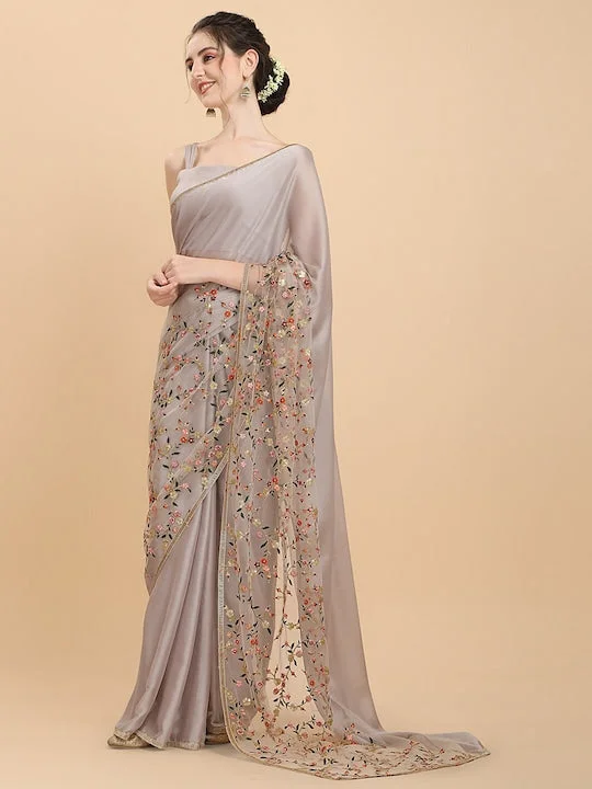 Women Ivory Floral Embroidered Silk Blend Saree with Blouse Piece - image 2