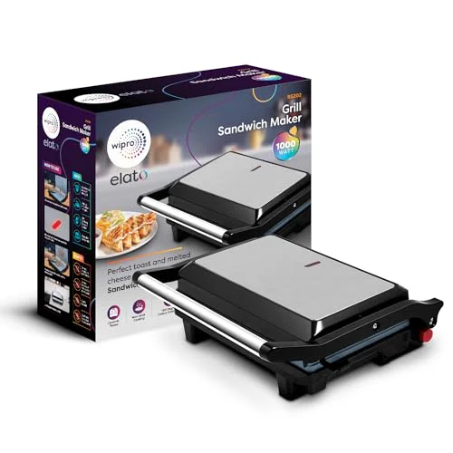 Wipro Elato BS202 1000 Watt Ceramic Grill Sandwich Maker, Scratch Resistant, 180° Open Sandwich Griller, Auto Cutoff, Non Toxic BPA, PTFE & PFOA Free, 2 Year Warranty, Regular Bread Size for 2 Slices - image 2