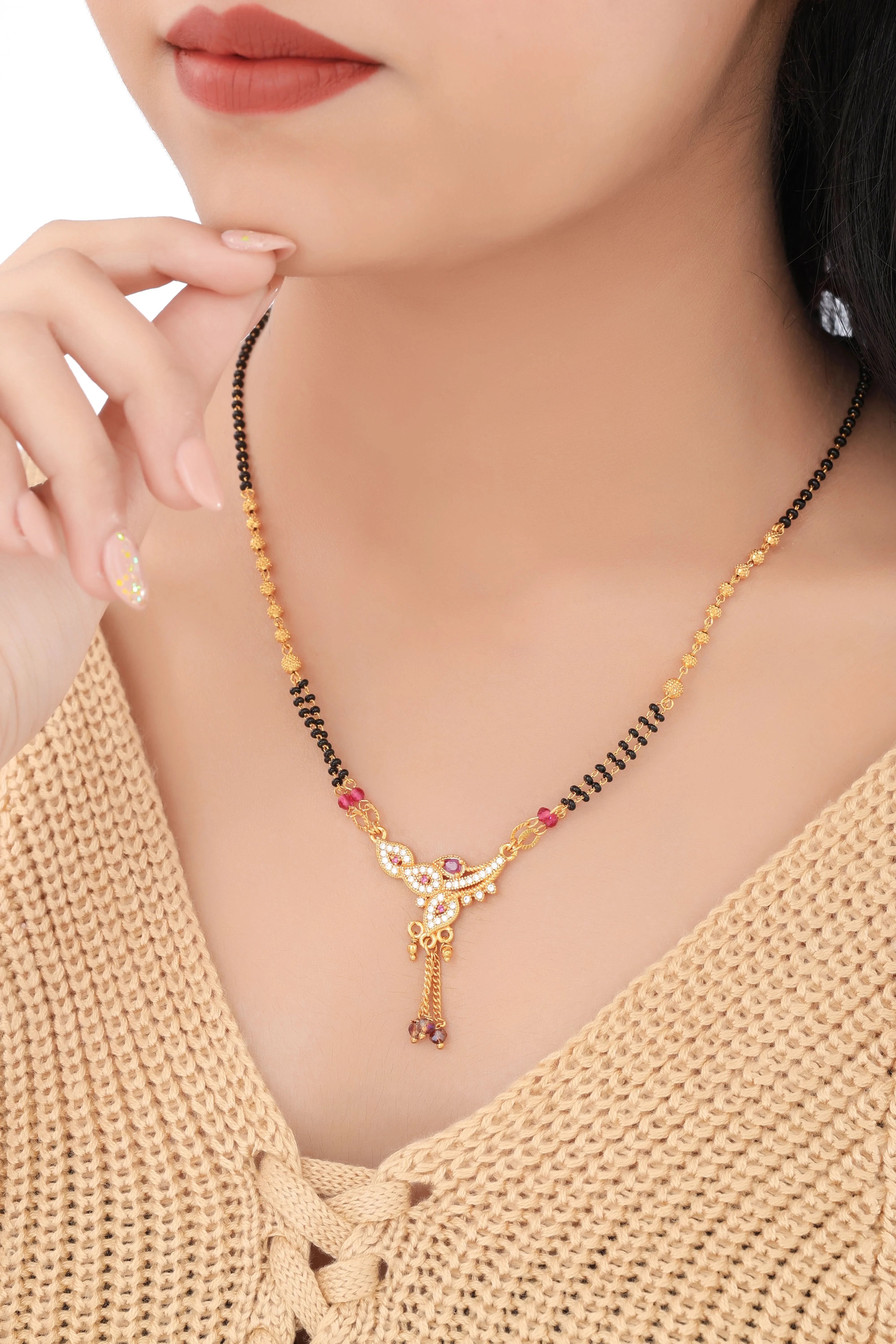 Buy 1 Get 1 Free - Ruby Accent Traditional CZ Drop Mangalsutra