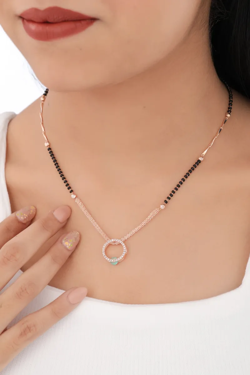 Buy 1 Get 1 Free - Rose Gold Infinity Circle Mangalsutra (Black Beads & Crystal Ring Pendant)