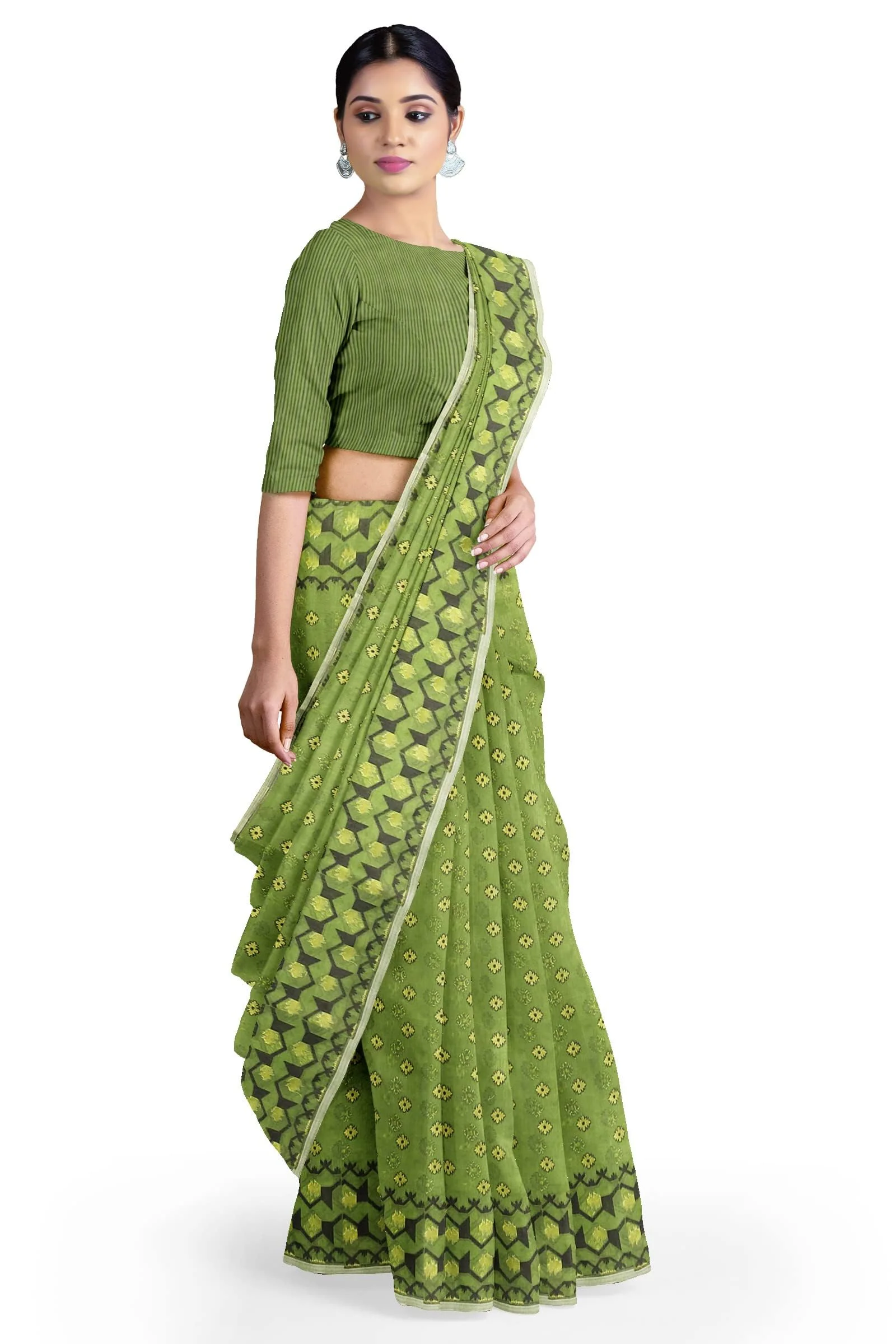 Saree Niketan Women's Traditional Bengal Cotton Silk Dhakai Jamdani Saree. (Green) - image 2