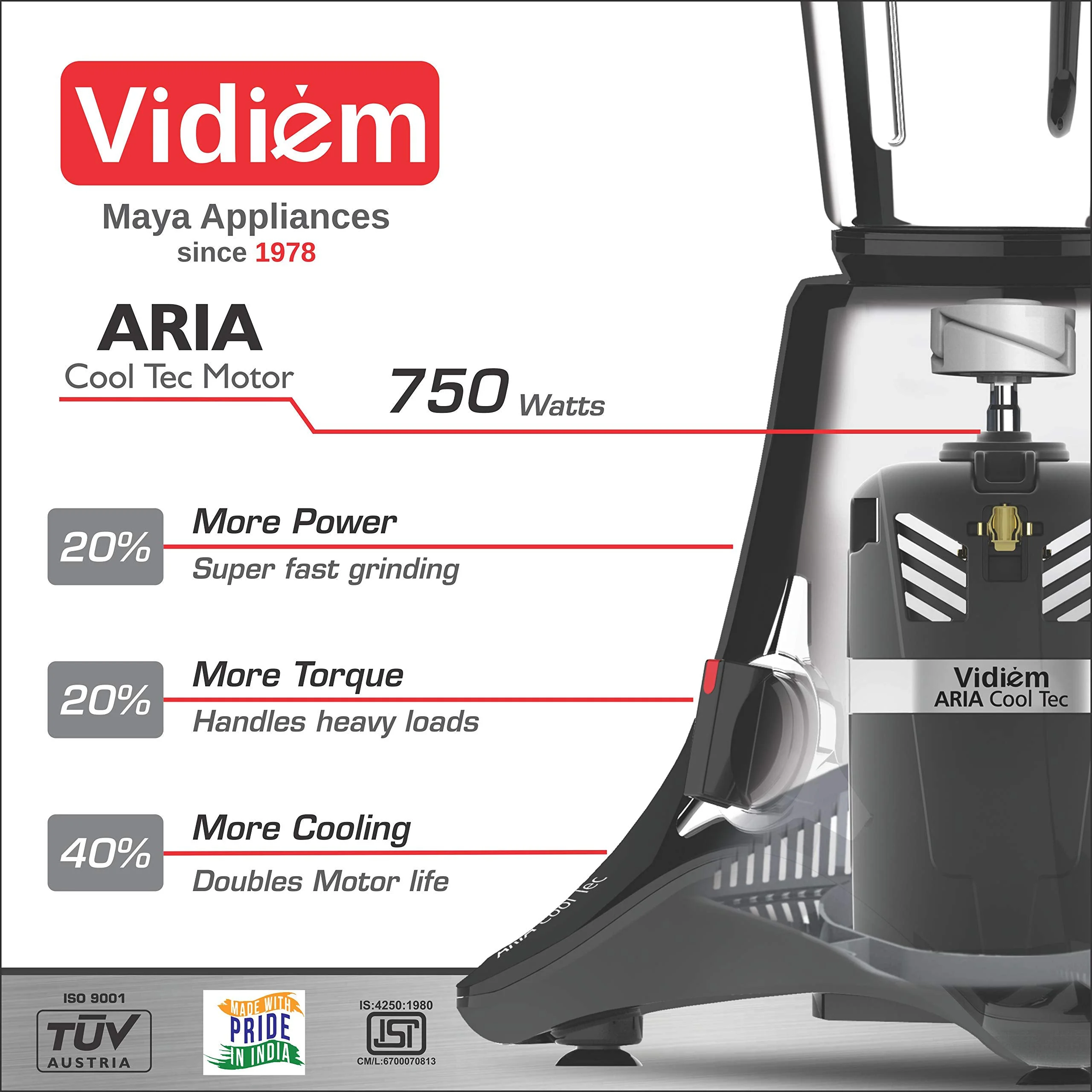 Vidiem Acrylonitrile Butadiene Styrene Mixer Grinder 518 A Vstar Premium 750Watt(Black)With 4 Leakproof Jars&1 Juicer Mixer Grinder|Self-Lock For Wet&Dry Spices,Chutneys&Curries|5 Years Warranty(750) - image 4