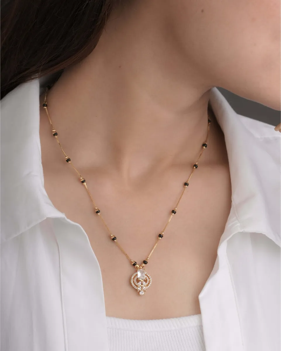 Buy 1 Get 1 Free - Emerald Drop Halo Pendant Gold Chain Mangalsutra