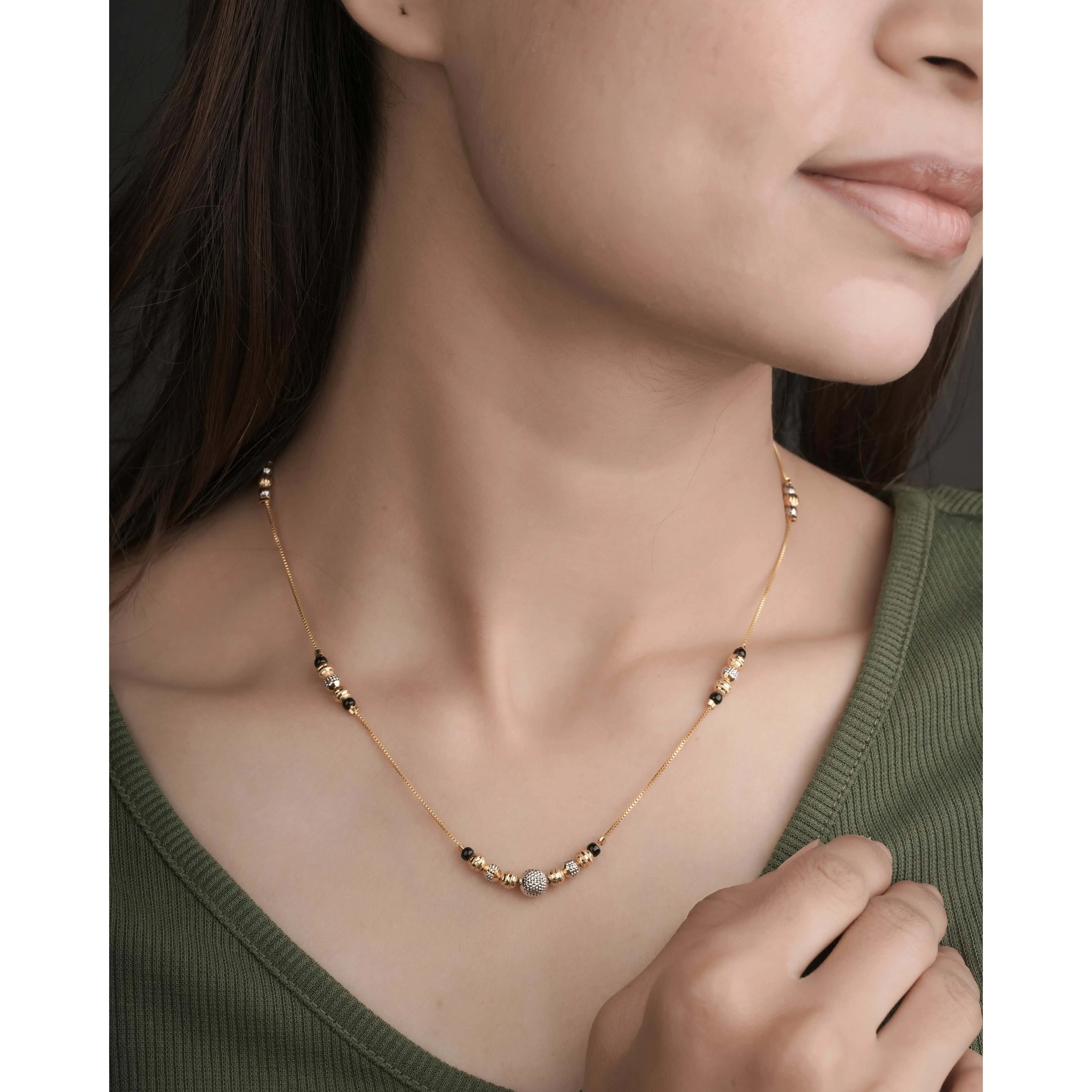 Buy 1 Get 1 Free - Minimal Gold Finish Crystal Ball Black Bead Mangalsutra
