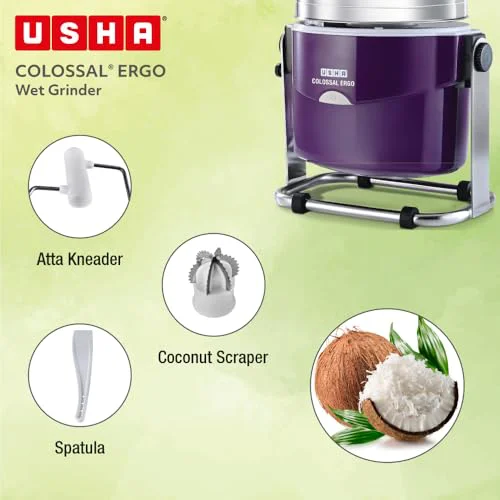 USHA Colossal Ergo Easy-Tilt Wet Grinder| 2L, 150W, 100% Copper Motor with Dual Flow Breaker, Stainless Steel Drum and Accessories| 10 Year Motor Warranty (Magenta) - image 4