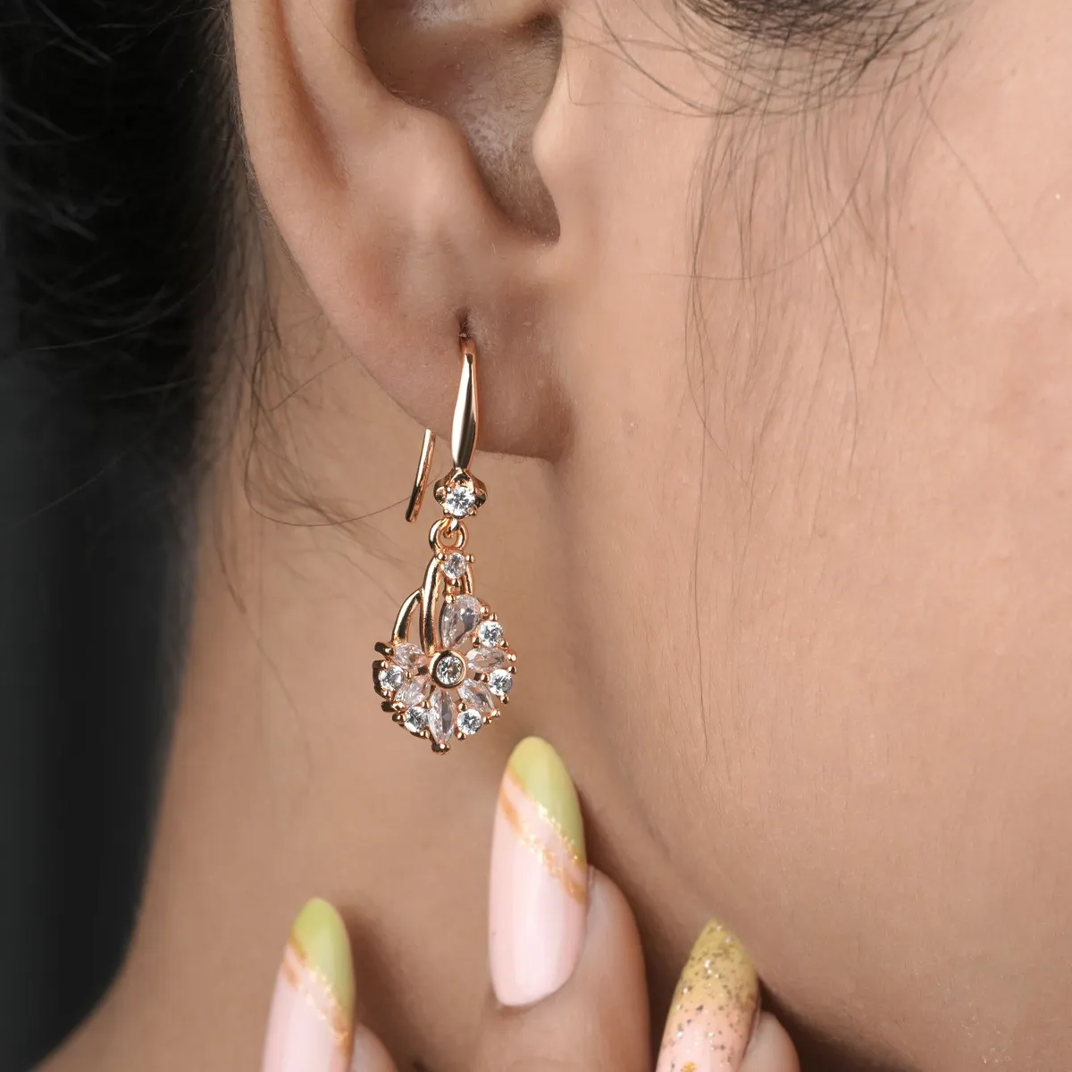 Buy 1 Get 1 Free -American Diamond Rose Gold Flower Shape Hanging Fancy Earrings