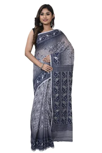 Oishani Saree Ghor Women's Traditional Bengal Cotton Resham Ikkat Design Jamdani Saree (Grey)