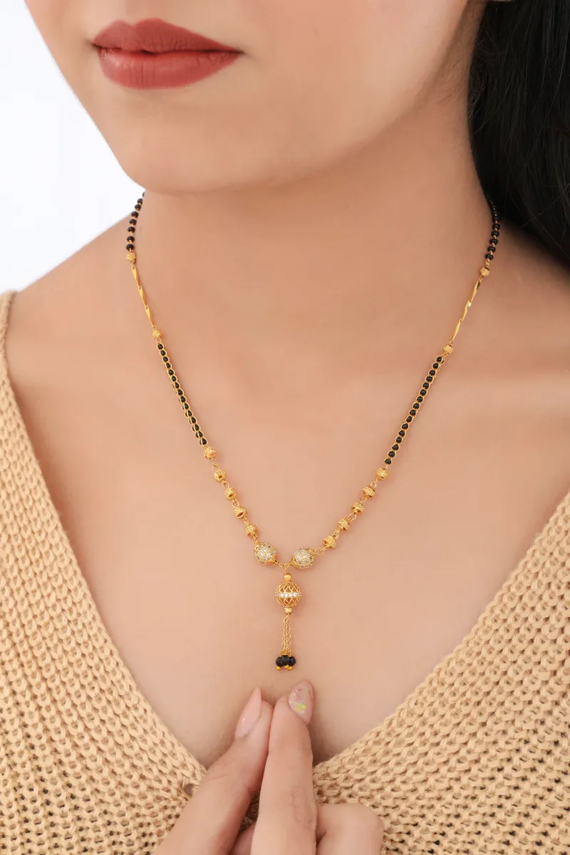 Buy 1 Get 1 Free -  Gold Finish Black Beads Mangalsutra with Dual CZ Ball Pendant