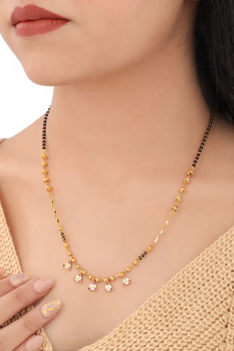 Buy 1 Get 1 Free - Floral Drop Charm Mangalsutra | Black Beads Gold Chain Necklace