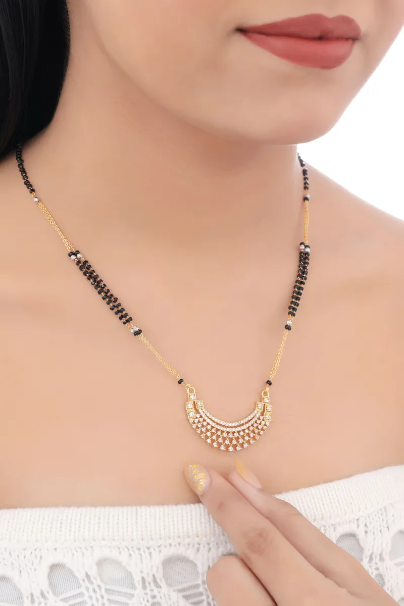 Buy 1 Get 1 Free - Gold Plated Crescent Pendant Mangalsutra with Black Beads & Stone Work