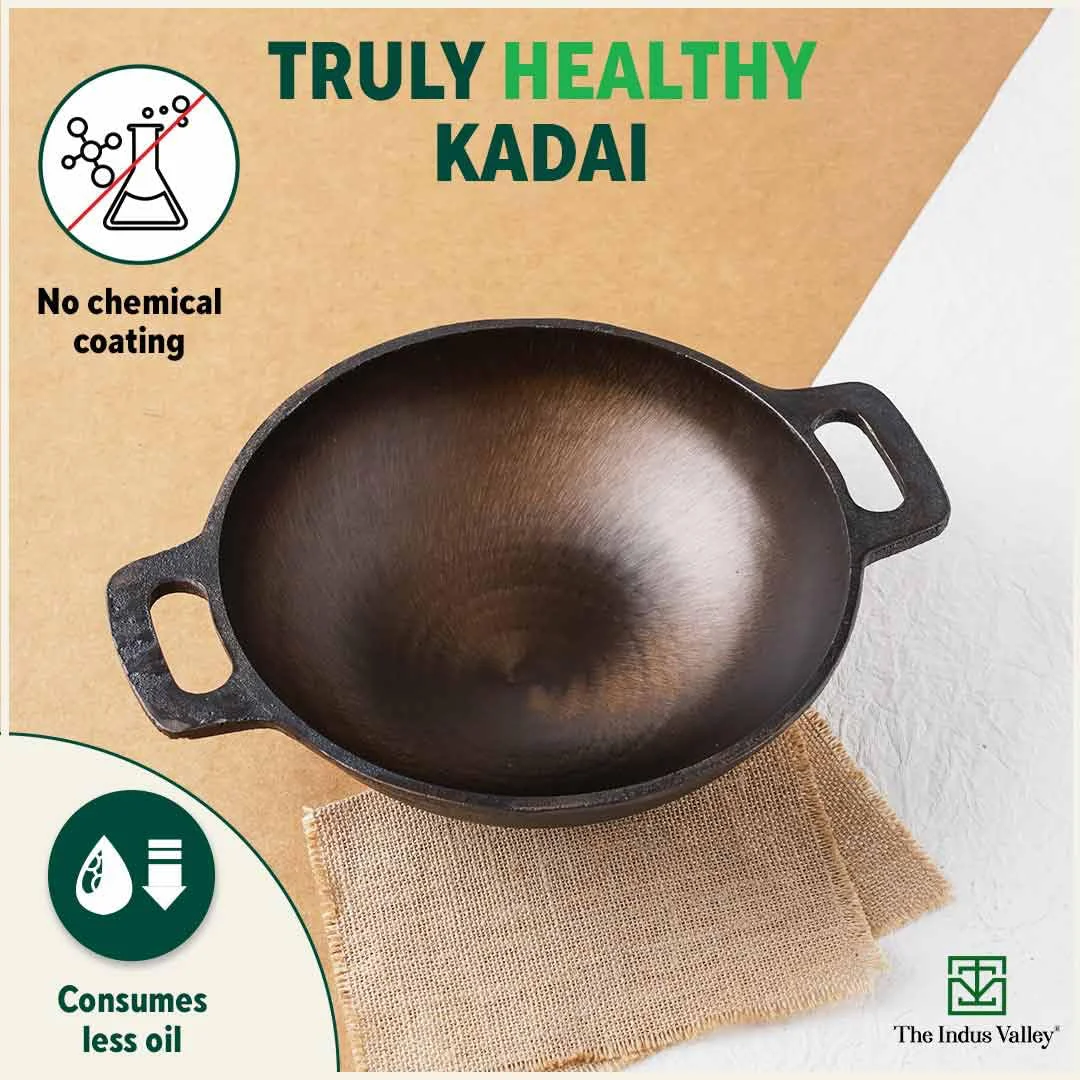 The Indus Valley Super Smooth Cast Iron Kadai, Cooking & Deep Frying, Iron Tadka Pan, 10 inch, 2.4kg, Gas & Induction Friendly, Pre-seasoned, 100%Toxin-free, Long Lasting, No Chemical Coating (Black) - image 2